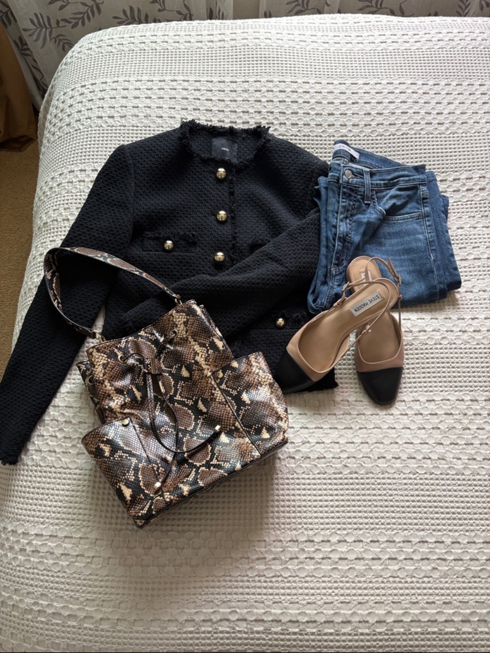 MNG Black Tweed Waist Jacket with Gold Buttons